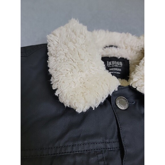 Indigo Star Jacket Mens M Black Sherpa Lined Button Pockets Heavy Trucker Waxed - Picture 3 of 13